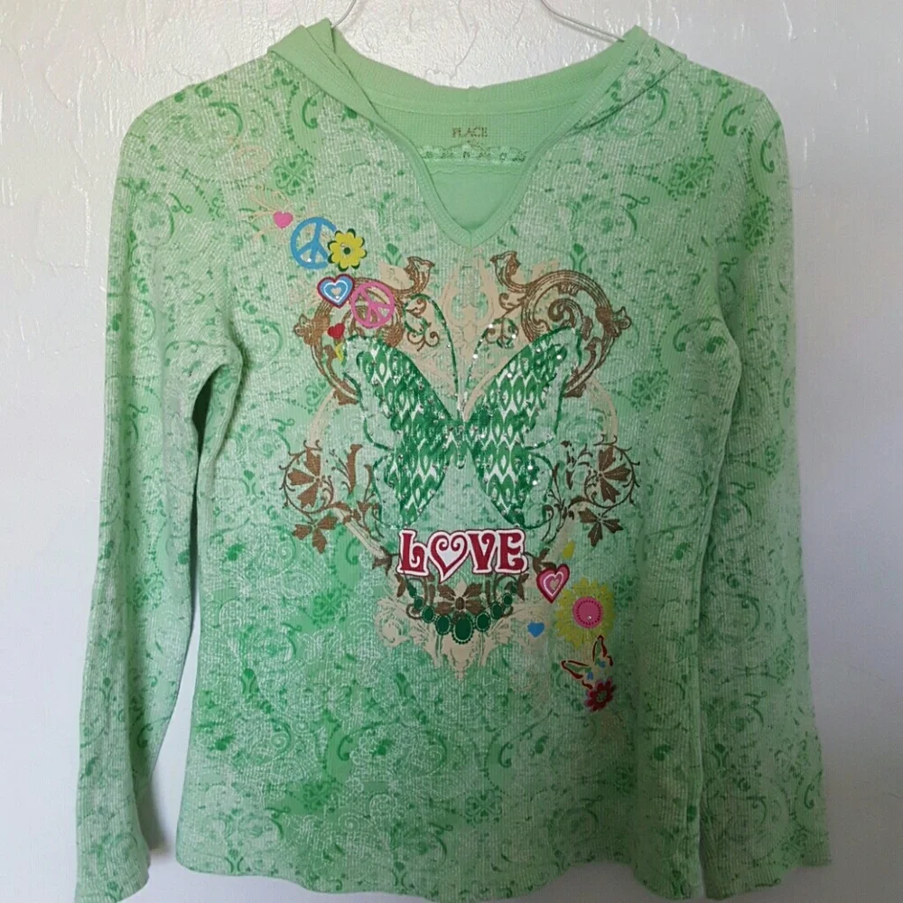 The Children’s Place Girls Waffle Knit Hoodie Long Sleeve Size L Green